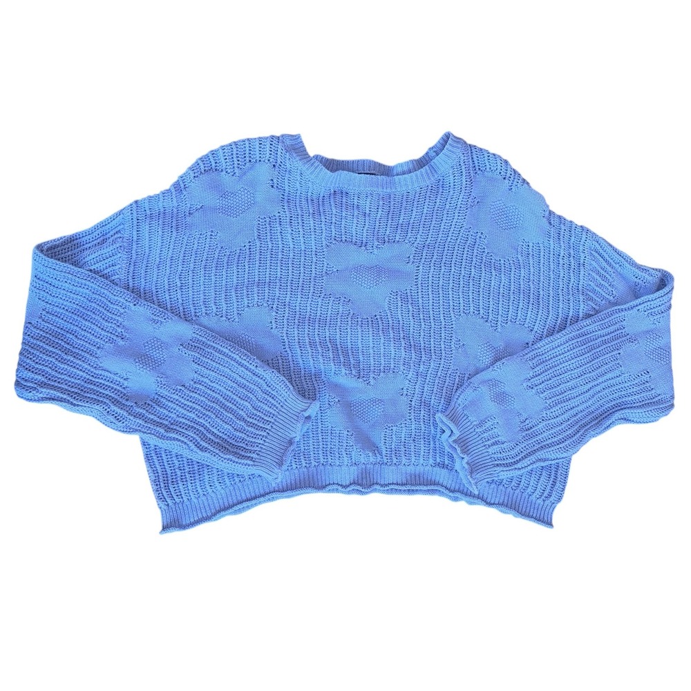 Womens‎ Blue Heart Pattern Cropped Knit Sweater Long Sleeve Casual Cozy
